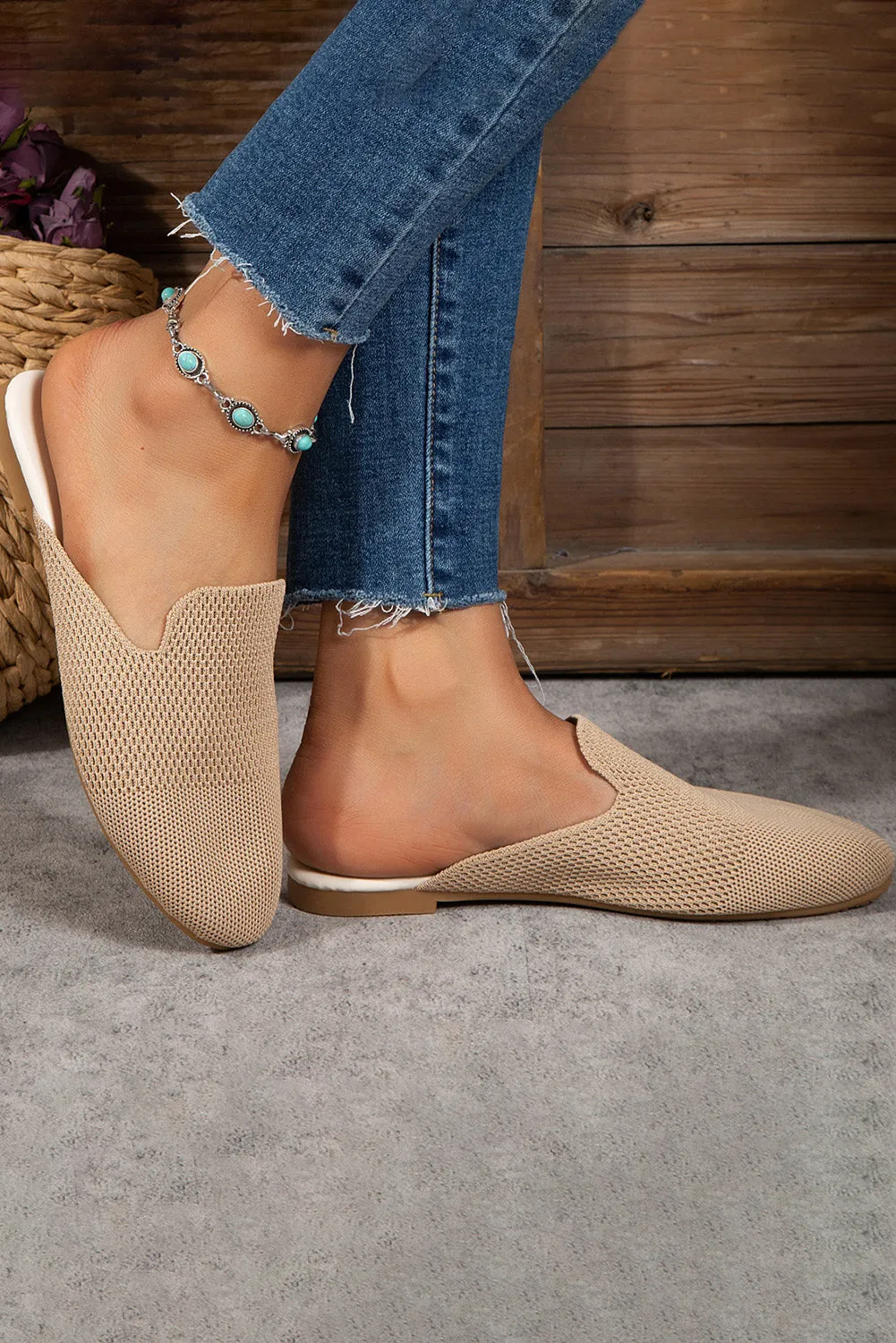 Apricot Breathable Knit Flat Shoes