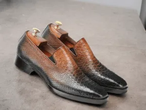 Awesome Designer Men's Handmade Brown Python Textured Leather Loafers, Men Dress Formal Party Shoes