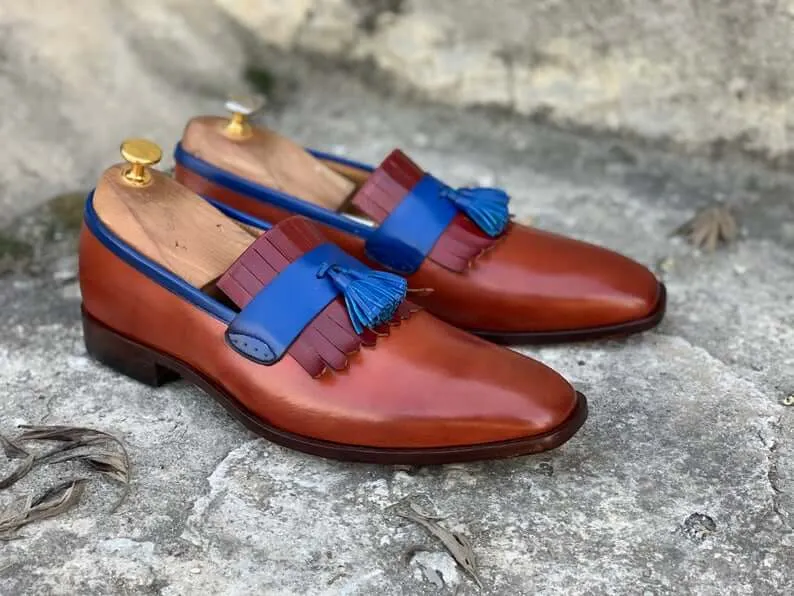 Awesome Handmade Men's Blue & Brown Leather Fringes Loafer Shoes, Men Dress Formal Party Shoes