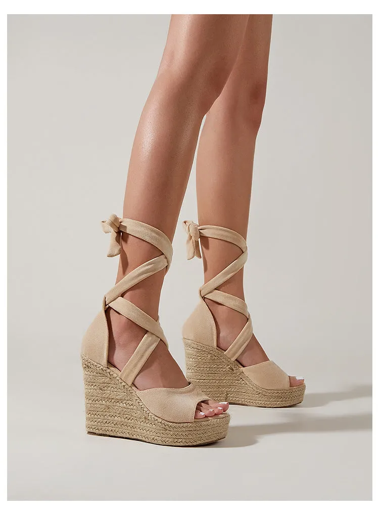 BerriesJam - Ankle Strap Pumps Platform Comfortable Flax Hemp Espadrilles