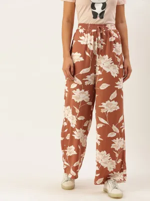 Berrylush Women Brown & White Floral Print Tie-Up Waist High-Rise Wide Leg Trousers