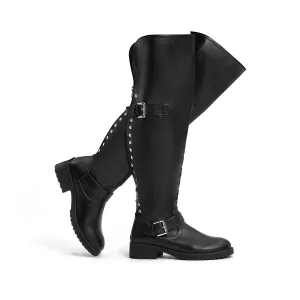 Black Faux Leather Wide Calf Stylish Over The Knee Boots