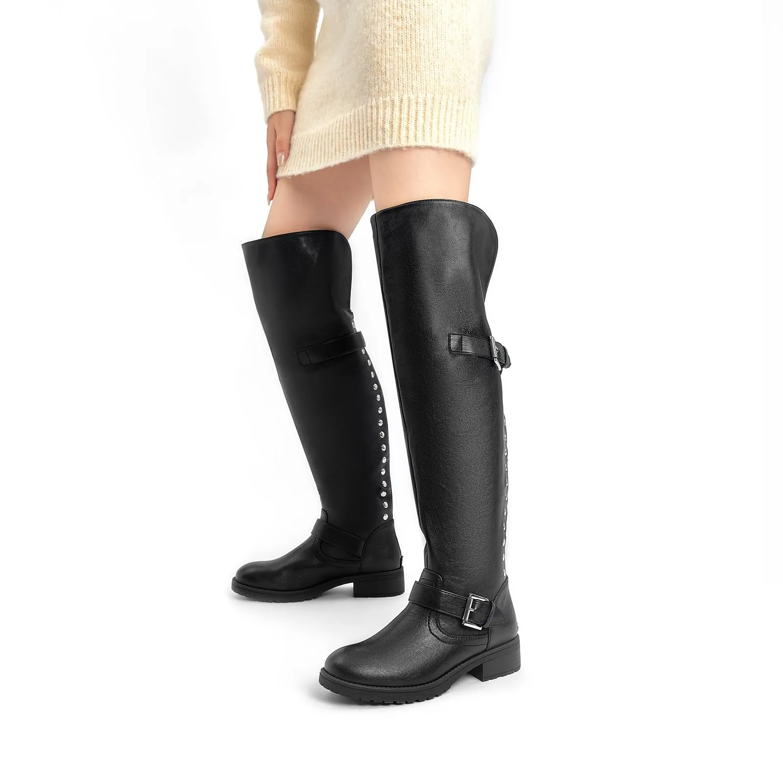 Black Faux Leather Wide Calf Stylish Over The Knee Boots