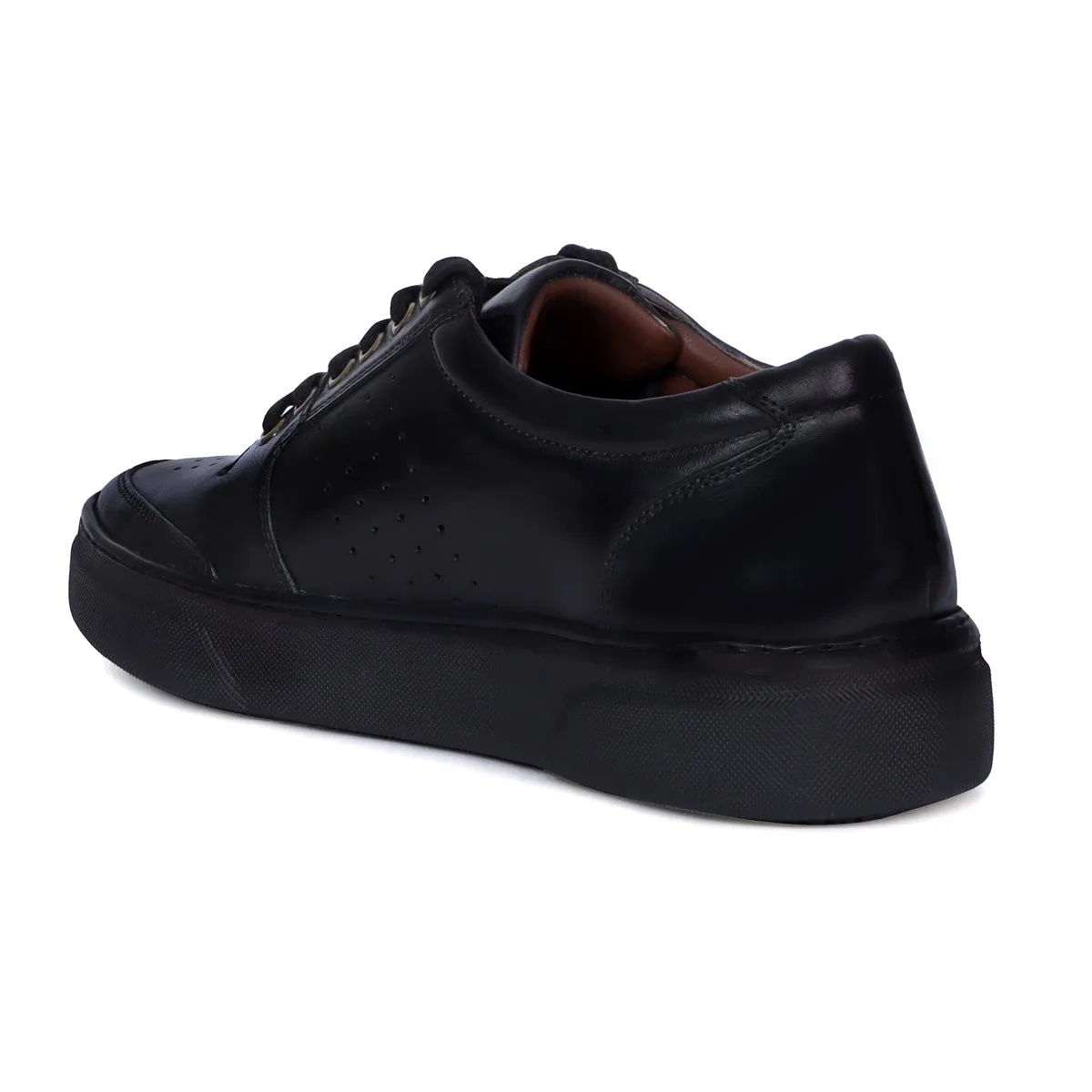 Black Leather Low Top Perforated Sneakers