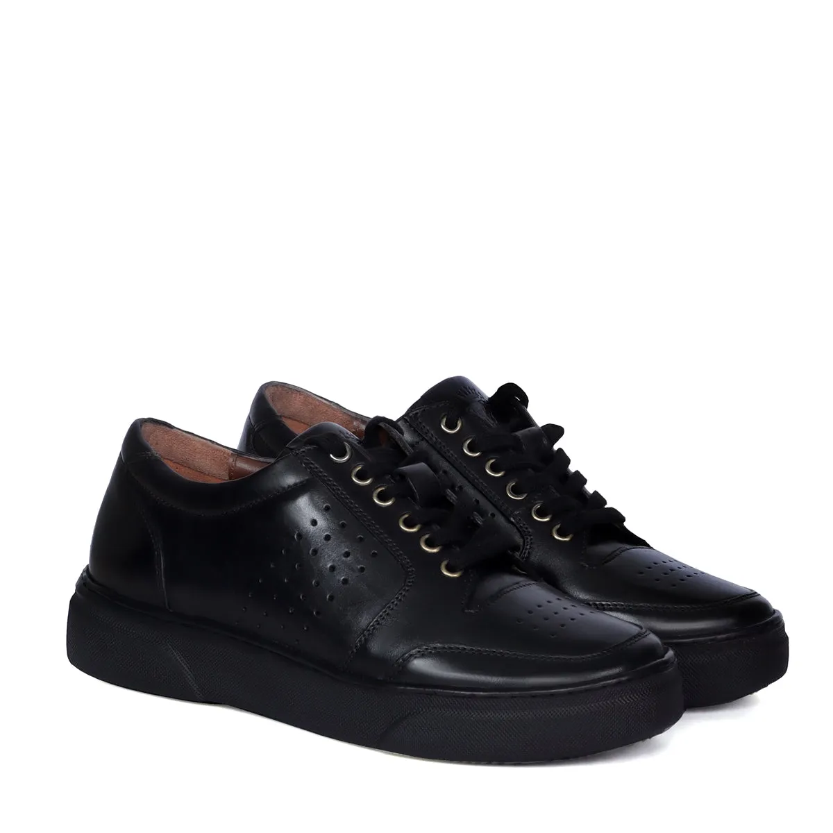 Black Leather Low Top Perforated Sneakers