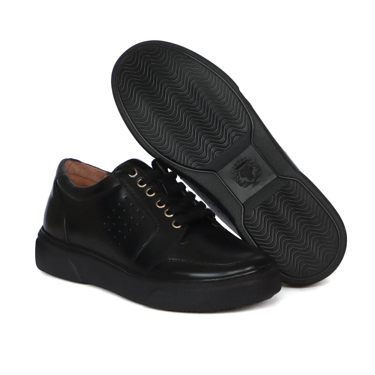 Black Leather Low Top Perforated Sneakers