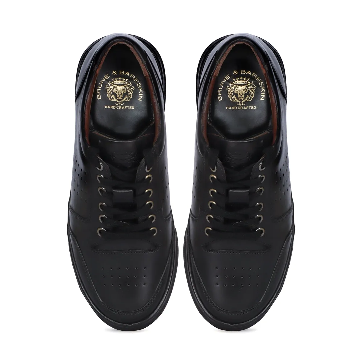 Black Leather Low Top Perforated Sneakers