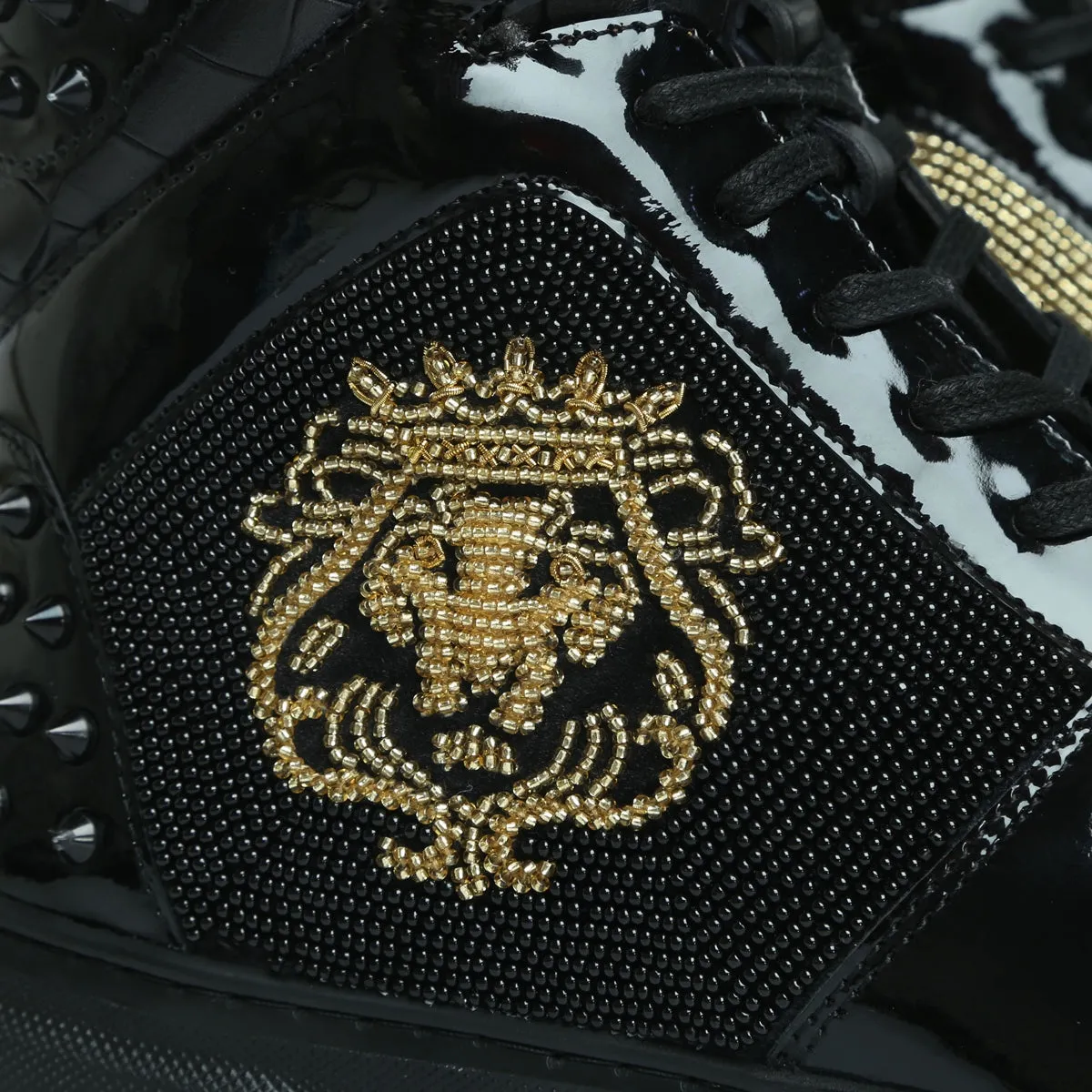 Black Studded Leather Sneakers with Patent Detailing Golden Beads Lion Zardosi