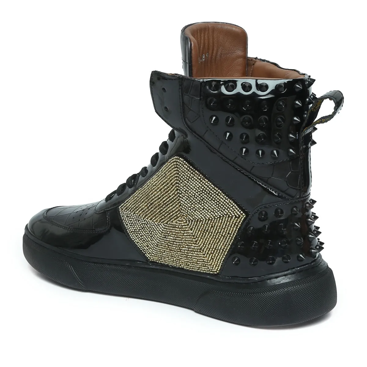 Black Studded Leather Sneakers with Patent Detailing Golden Beads Lion Zardosi