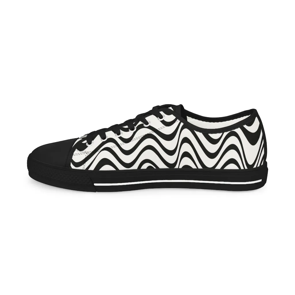 Black White Wavy Men's Shoes, Best Men's Black and White Waves Abstract Best Printed Low Top Sneakers (US Size: 5-14)