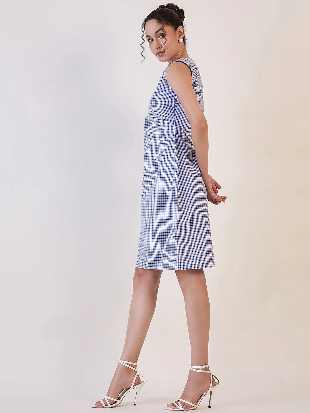 Blue & White Gingham Check Cotton Shift Dress