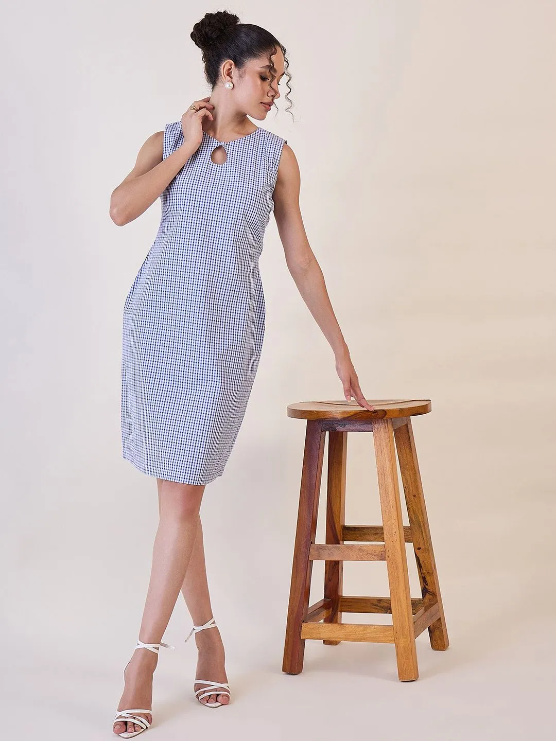 Blue & White Gingham Check Cotton Shift Dress