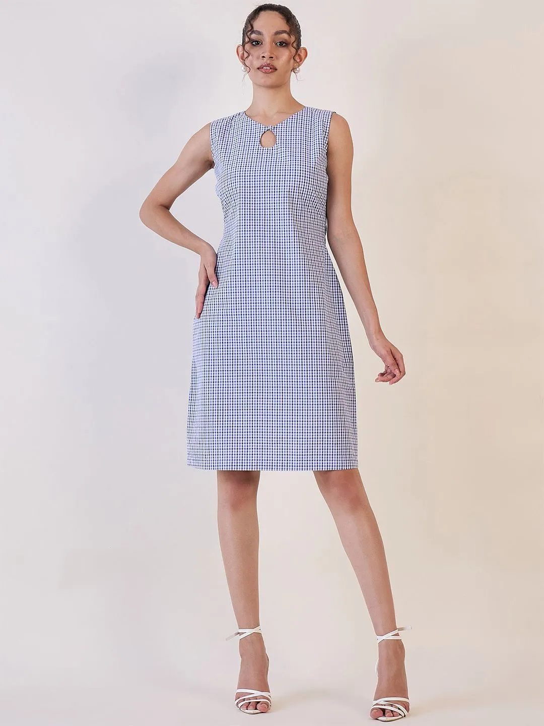 Blue & White Gingham Check Cotton Shift Dress