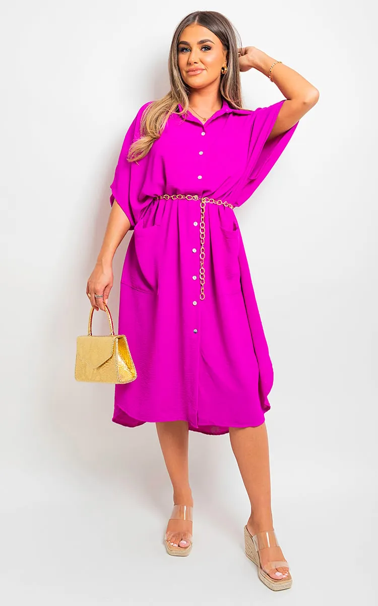 Button Down Collared Midi Dress with Two Front Pockets