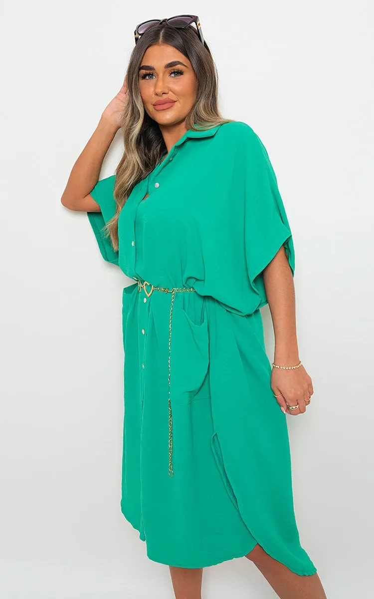 Button Down Collared Midi Dress with Two Front Pockets