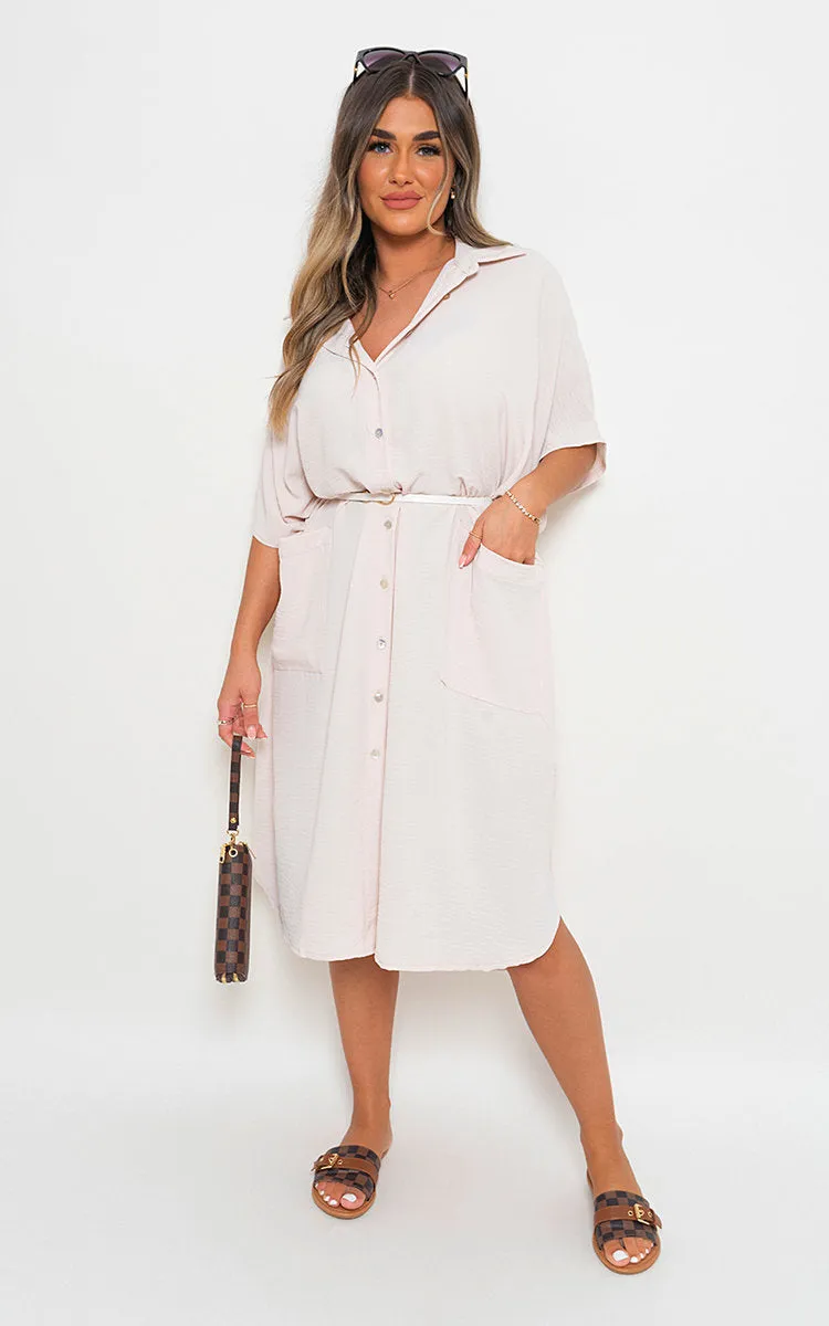 Button Down Collared Midi Dress with Two Front Pockets