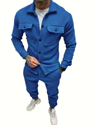 Casual Solid Color Button Up Cotton Shirt and Pants Tracksuit for Men | Ideal for All Seasons