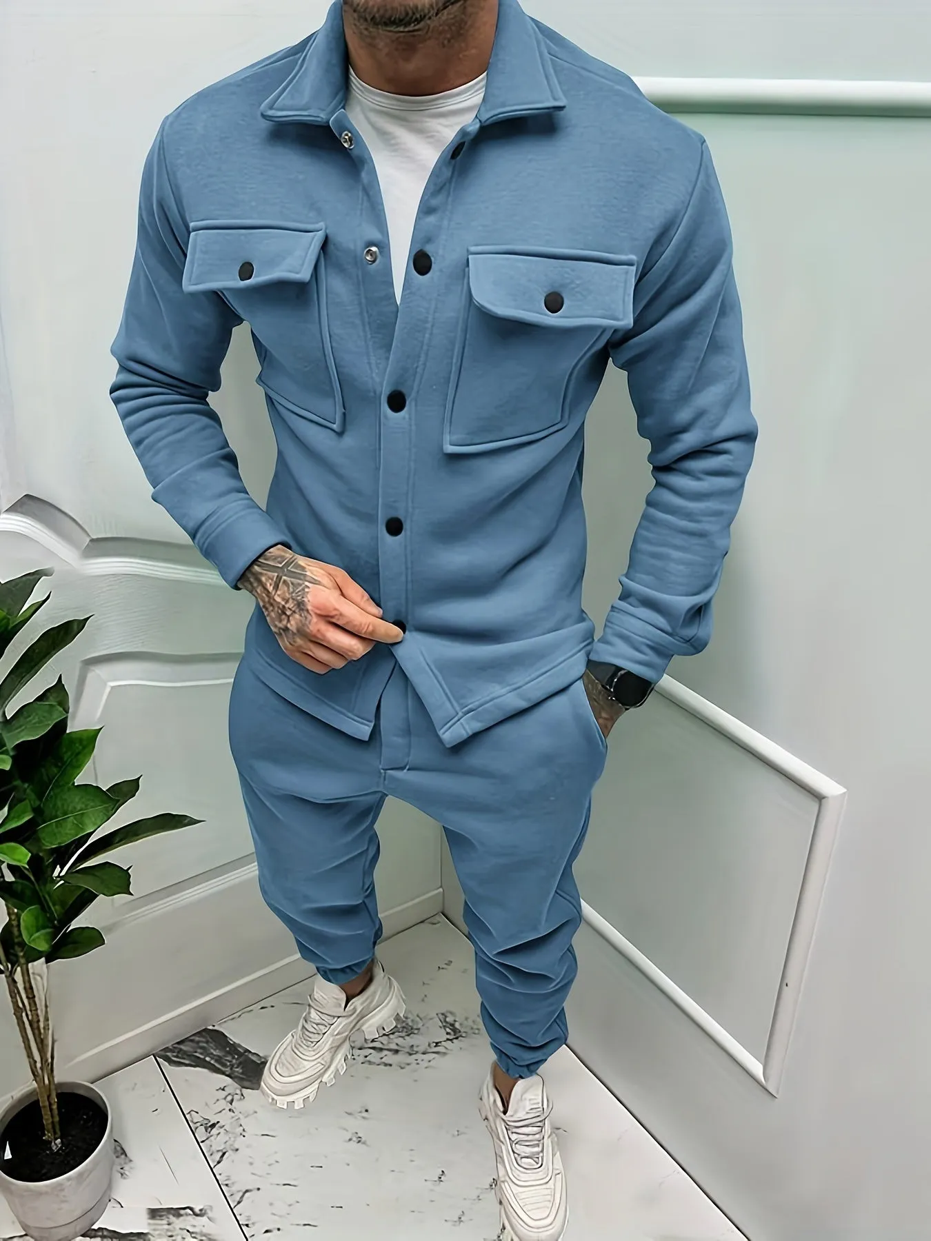 Casual Solid Color Button Up Cotton Shirt and Pants Tracksuit for Men | Ideal for All Seasons