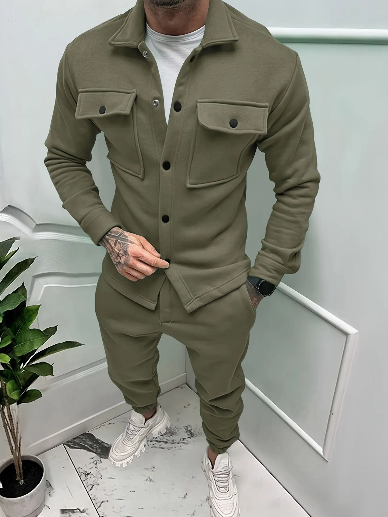 Casual Solid Color Button Up Cotton Shirt and Pants Tracksuit for Men | Ideal for All Seasons