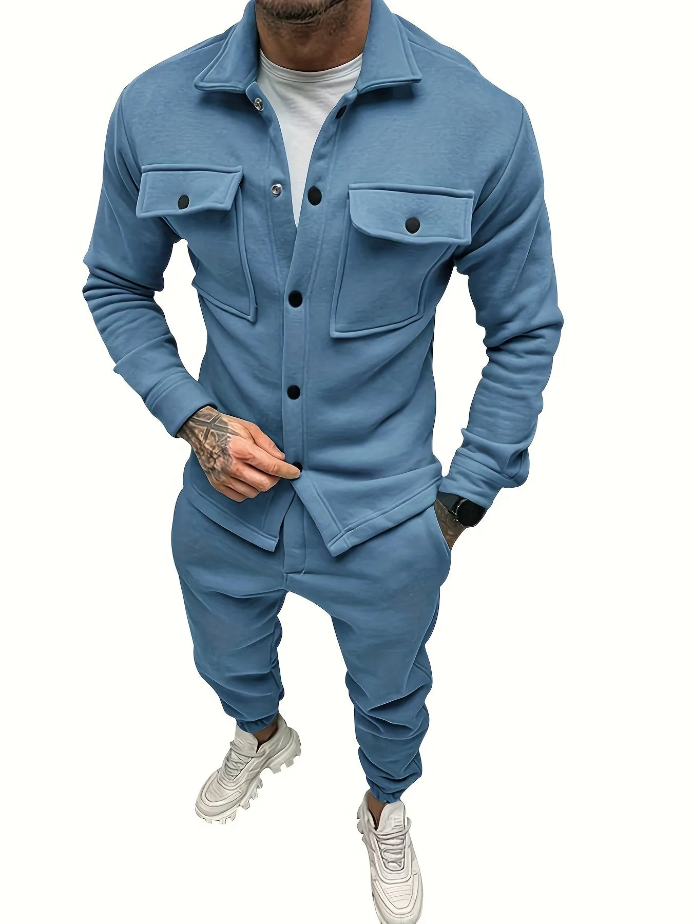 Casual Solid Color Button Up Cotton Shirt and Pants Tracksuit for Men | Ideal for All Seasons