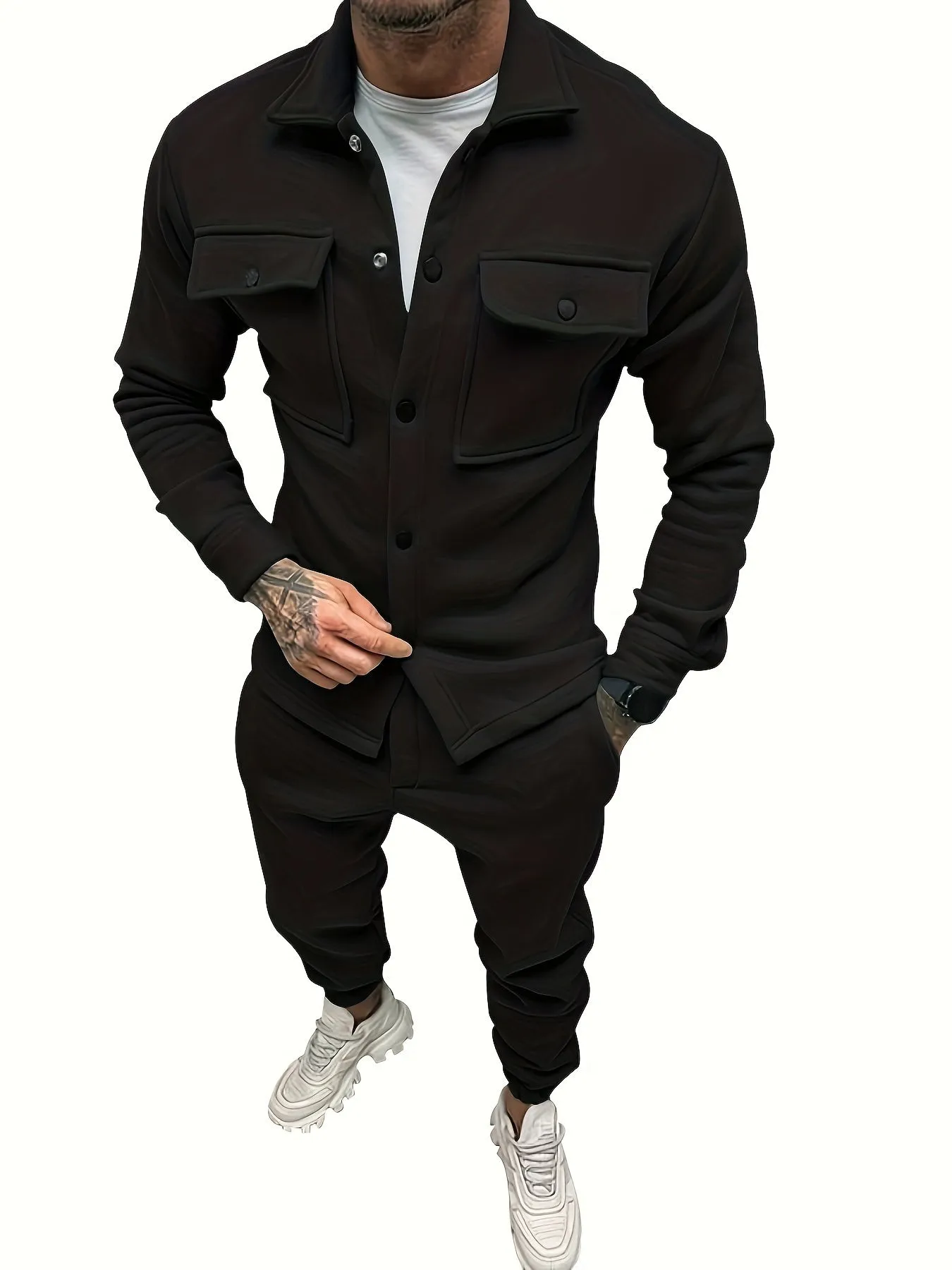 Casual Solid Color Button Up Cotton Shirt and Pants Tracksuit for Men | Ideal for All Seasons