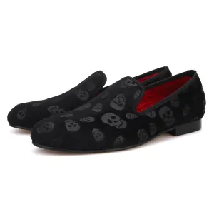 CLEARANCE / Skull Design Cool Rock Style Loafers / Stylish Black Velvet Men Shoes