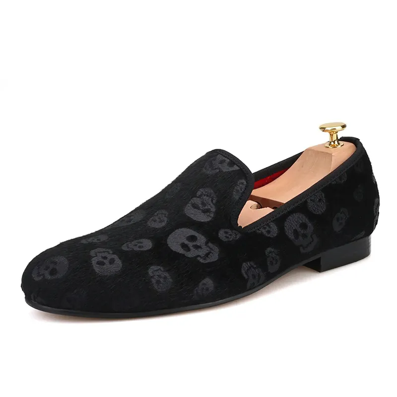 CLEARANCE / Skull Design Cool Rock Style Loafers / Stylish Black Velvet Men Shoes