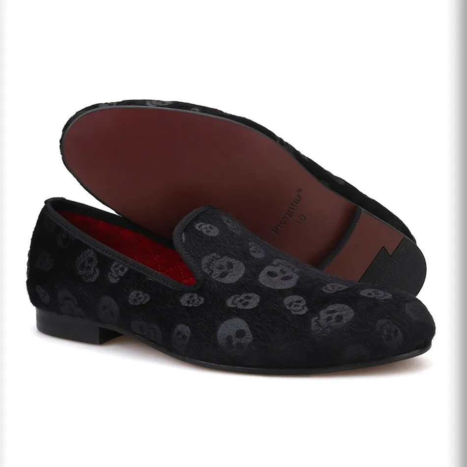 CLEARANCE / Skull Design Cool Rock Style Loafers / Stylish Black Velvet Men Shoes