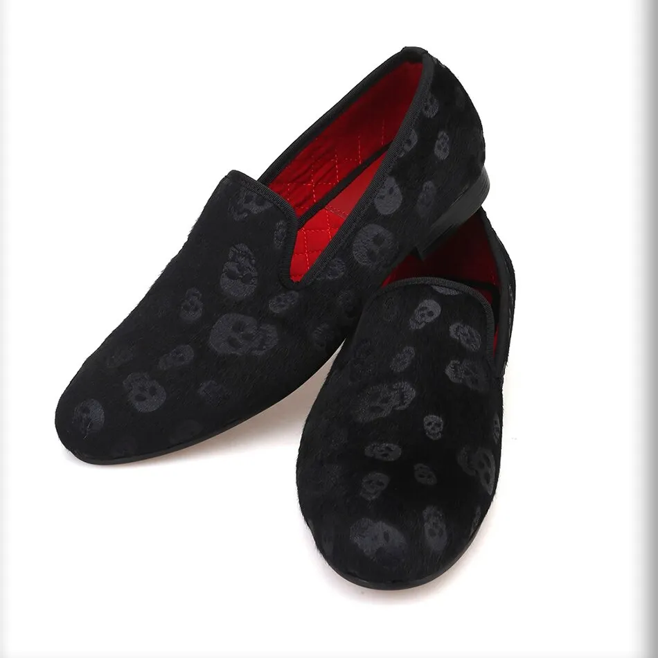 CLEARANCE / Skull Design Cool Rock Style Loafers / Stylish Black Velvet Men Shoes