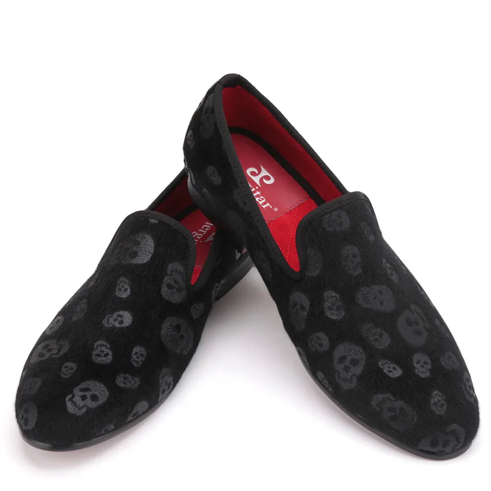 CLEARANCE / Skull Design Cool Rock Style Loafers / Stylish Black Velvet Men Shoes