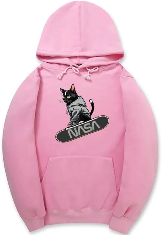 CORIRESHA Teen Cute Cat Skateboarding Hoodie Casual Long Sleeve Drawstring Basic NASA Sweatshirt