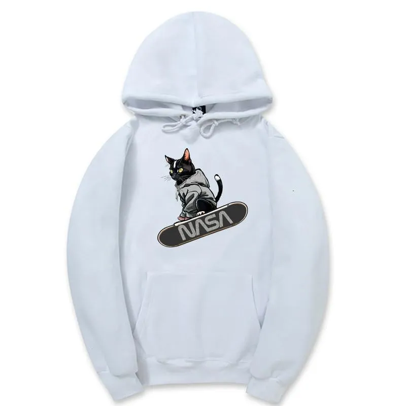 CORIRESHA Teen Cute Cat Skateboarding Hoodie Casual Long Sleeve Drawstring Basic NASA Sweatshirt