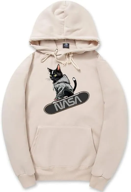 CORIRESHA Teen Cute Cat Skateboarding Hoodie Casual Long Sleeve Drawstring Basic NASA Sweatshirt