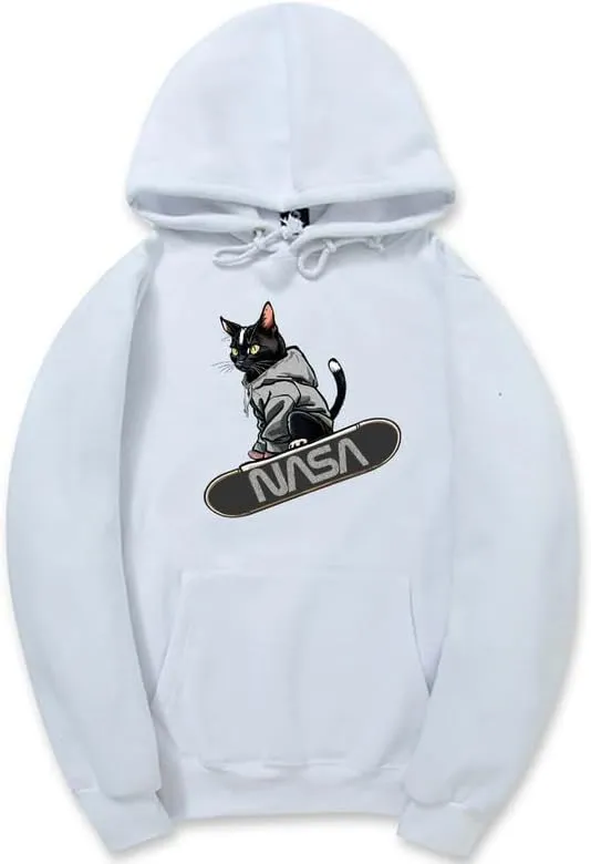 CORIRESHA Teen Cute Cat Skateboarding Hoodie Casual Long Sleeve Drawstring Basic NASA Sweatshirt