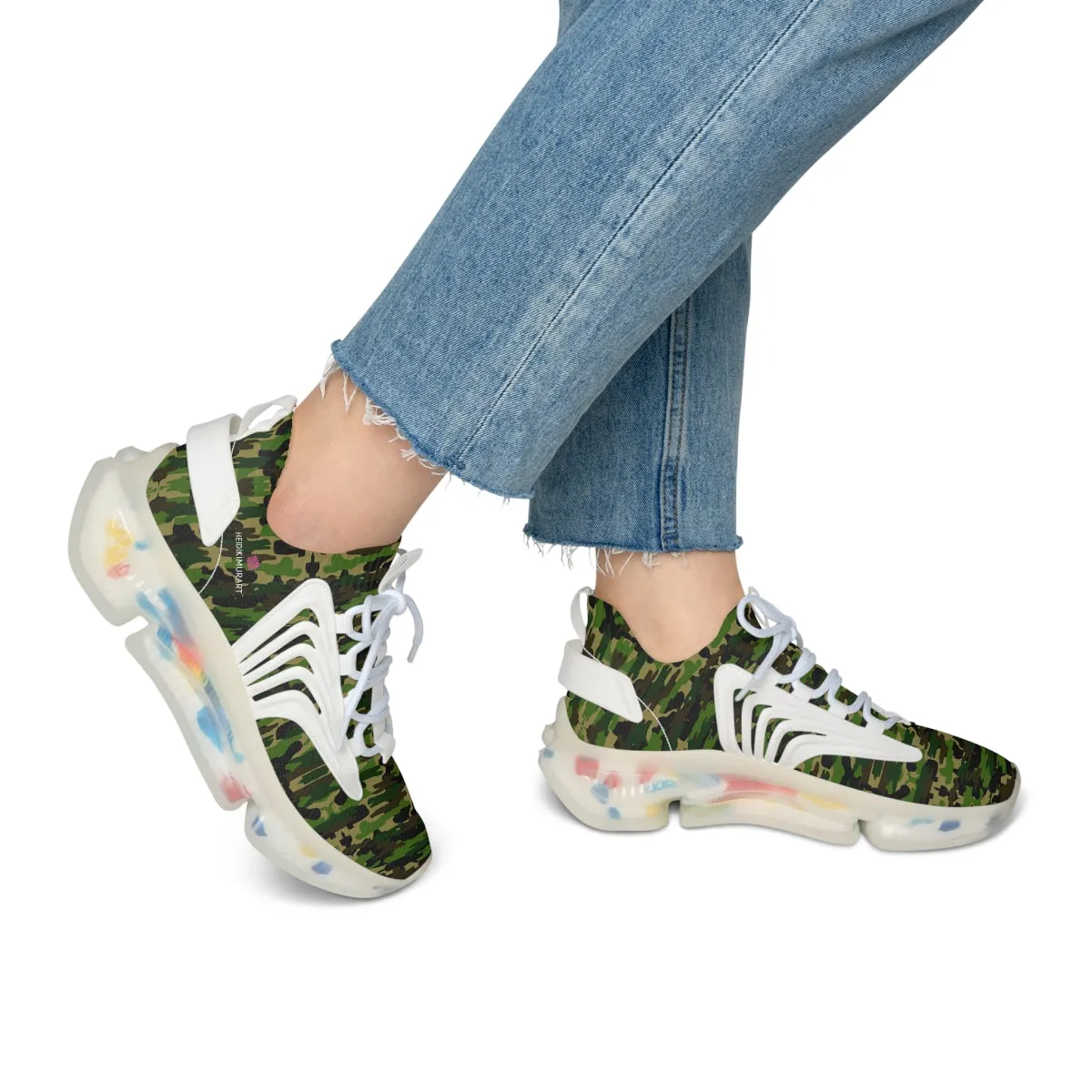 Green Camo Mesh Sneakers, Best Military Army Camo Print Mesh Sneakers For Women (US Size: 5.5-12)