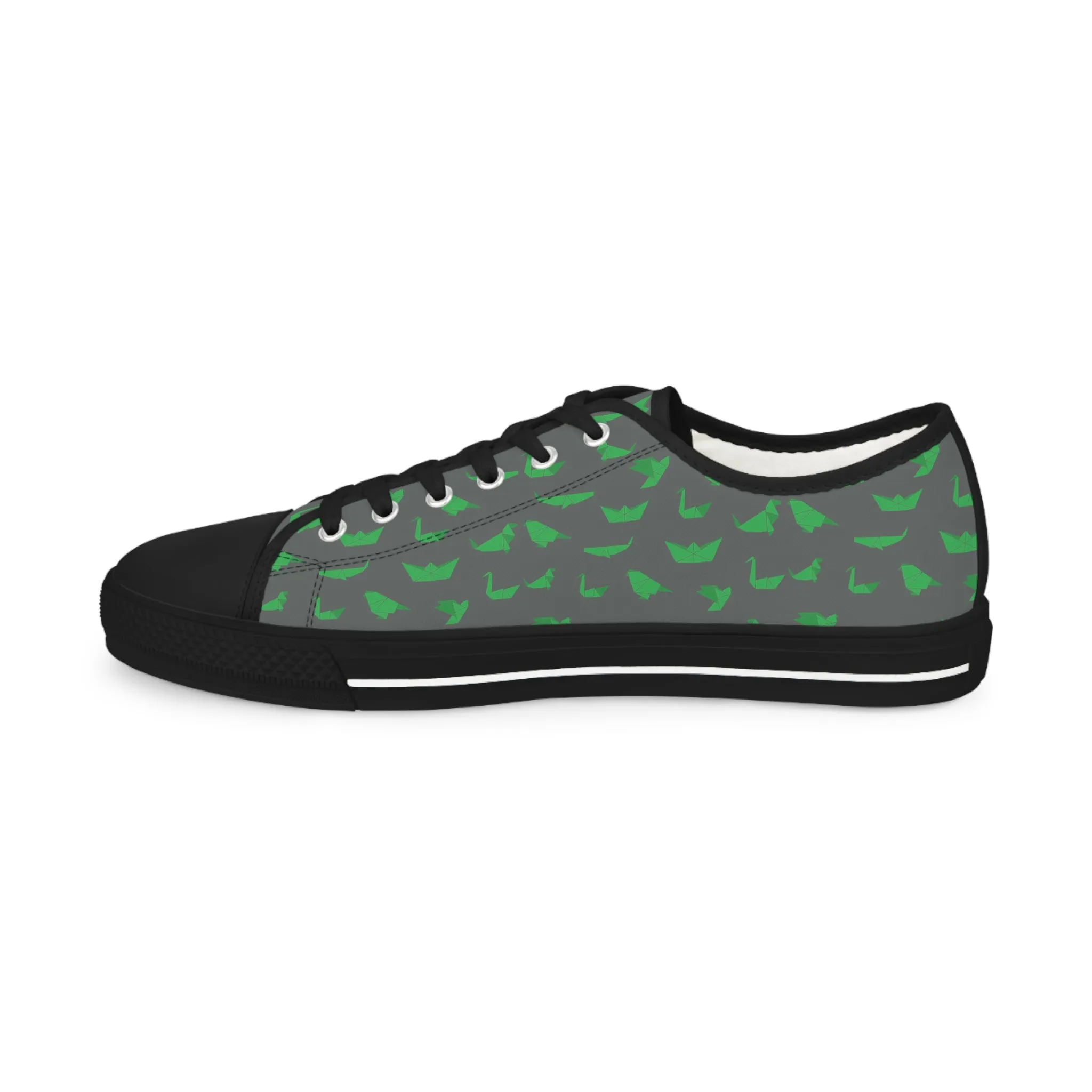 Grey Crane Print Men's Sneakers, Green and Grey Japanese Crane Print Men's Low Top Sneaker Shoes (US Size: 5-14)