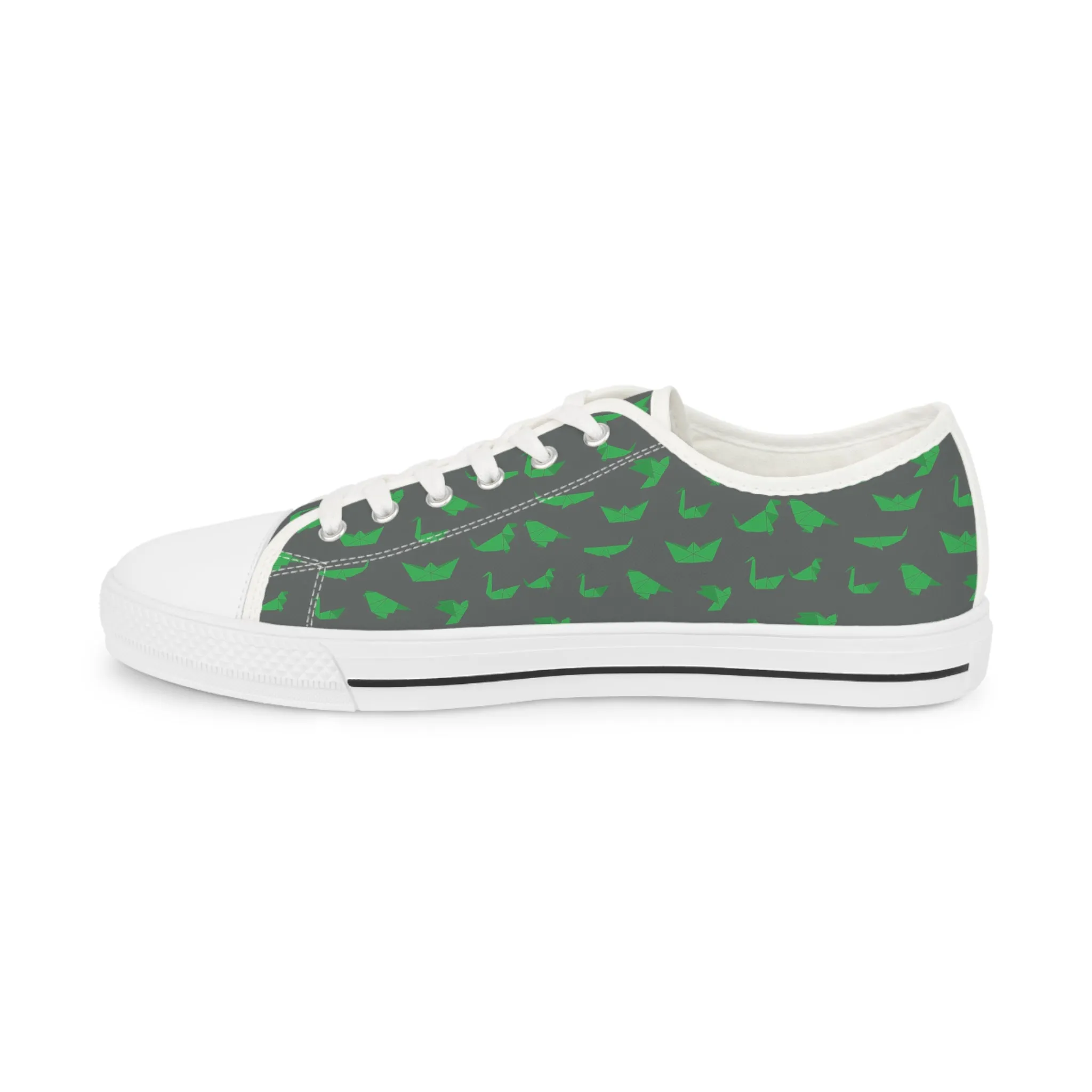 Grey Crane Print Men's Sneakers, Green and Grey Japanese Crane Print Men's Low Top Sneaker Shoes (US Size: 5-14)