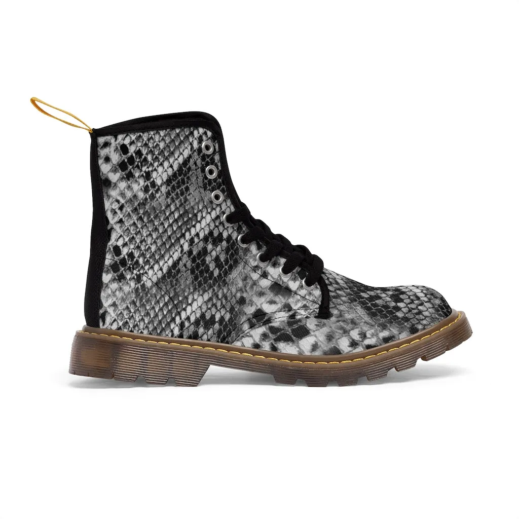 Grey Snakeskin Print Men's Boots, Snake Reptile Python Print Winter Laced-up Canvas Boots