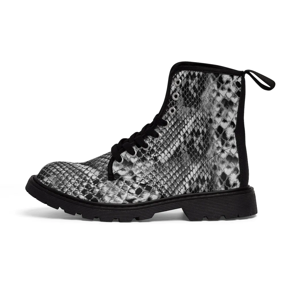 Grey Snakeskin Print Men's Boots, Snake Reptile Python Print Winter Laced-up Canvas Boots