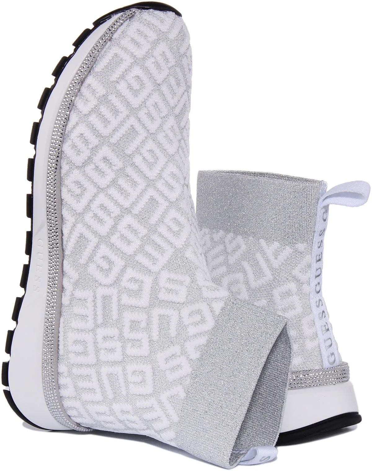 Guess Zyla Sock Boot In White Silver