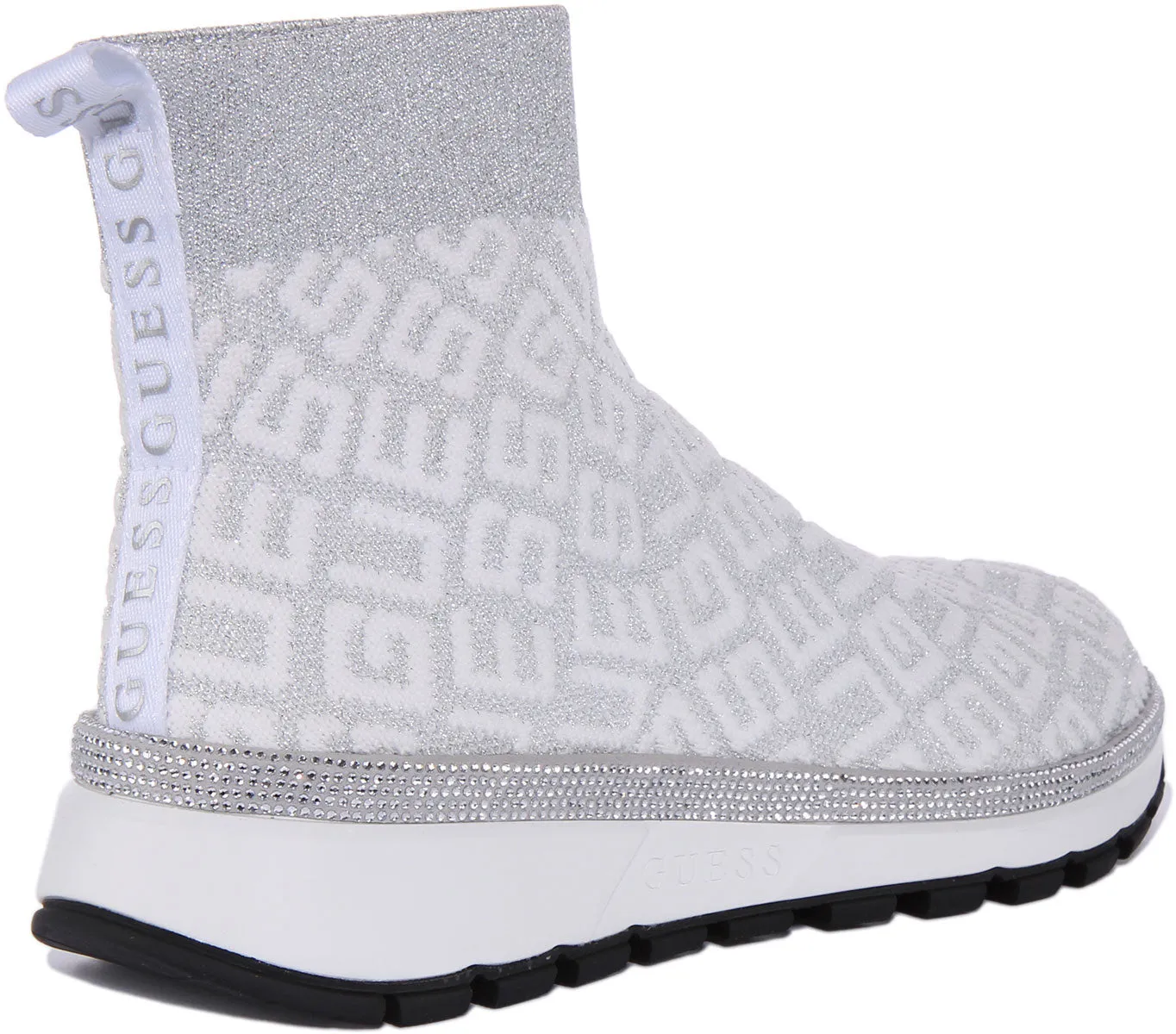 Guess Zyla Sock Boot In White Silver