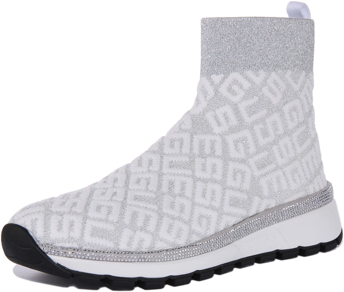 Guess Zyla Sock Boot In White Silver