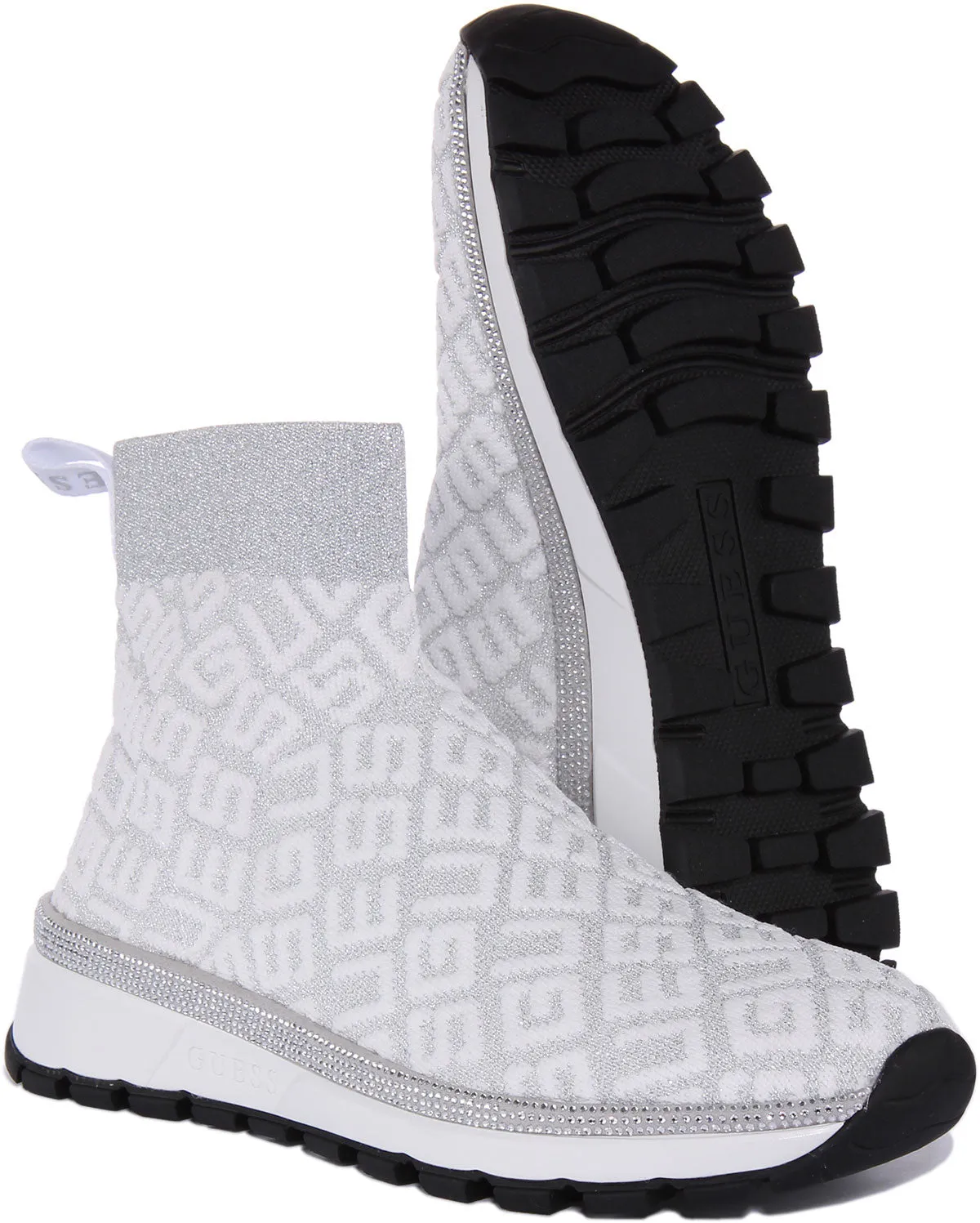 Guess Zyla Sock Boot In White Silver