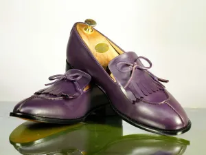 Handmade Men's Purple Fringes Tussles Leather Loafer Shoes, Men Designer Shoes