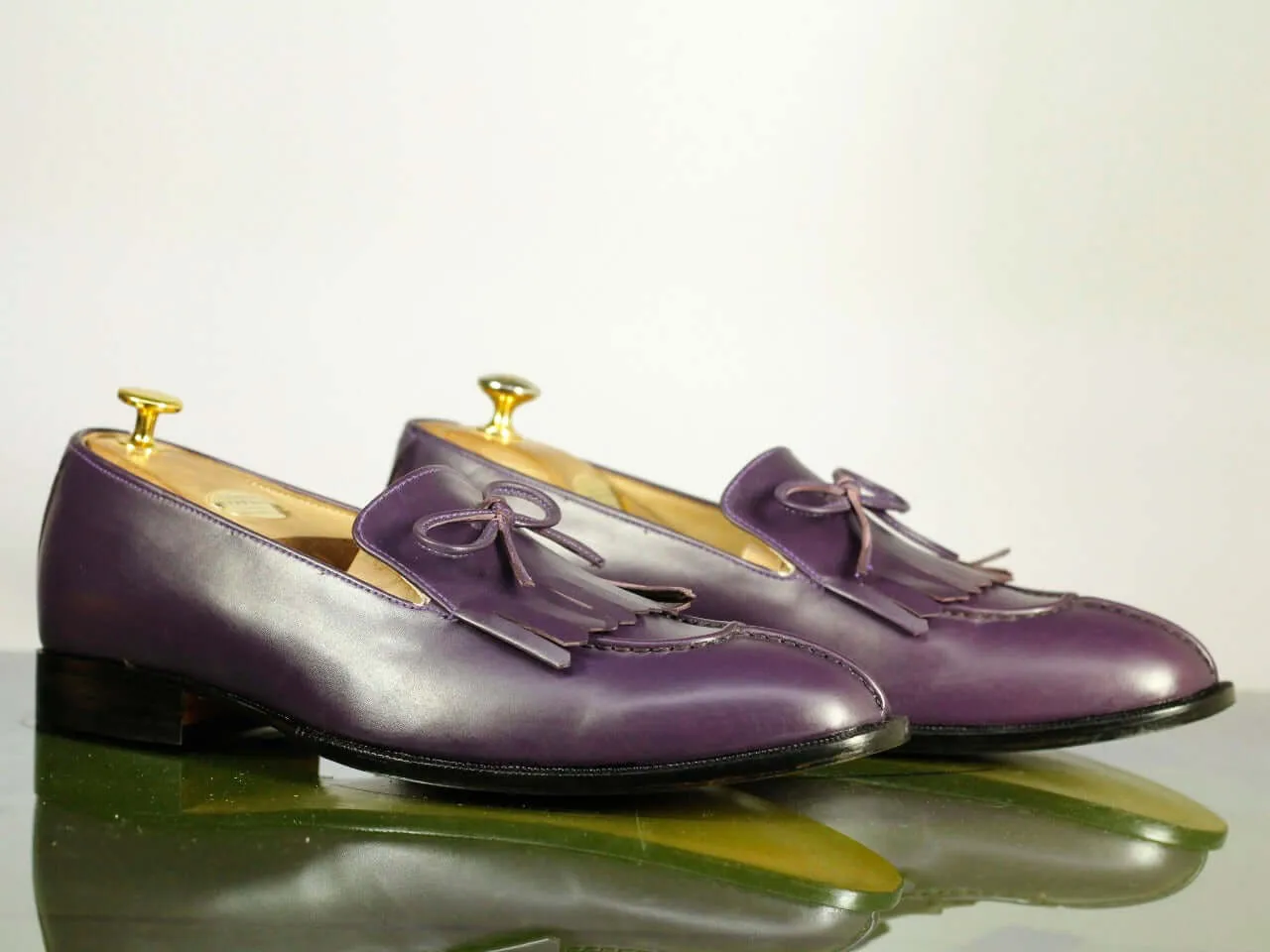 Handmade Men's Purple Fringes Tussles Leather Loafer Shoes, Men Designer Shoes