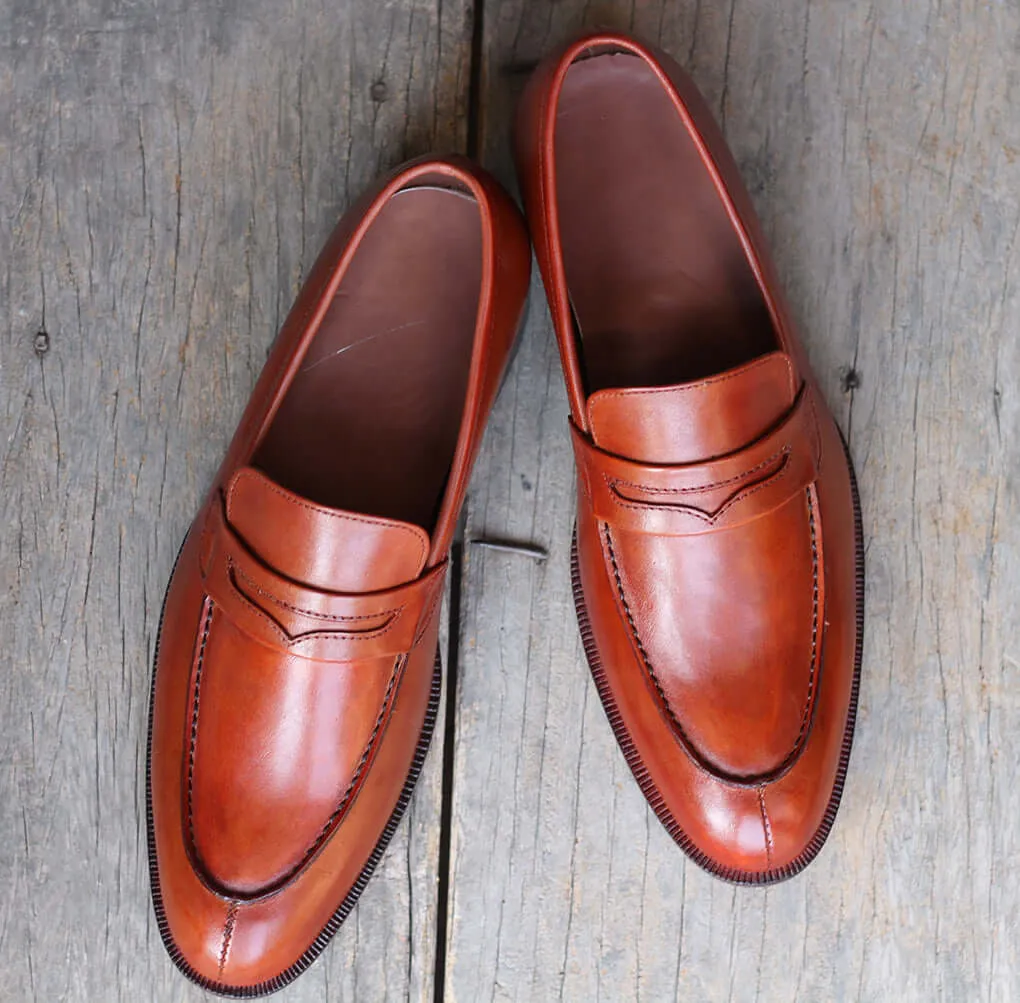 Handmade Men's Tan Leather Penny Loafer Shoes, Men Designer Dress Formal Luxury Shoes