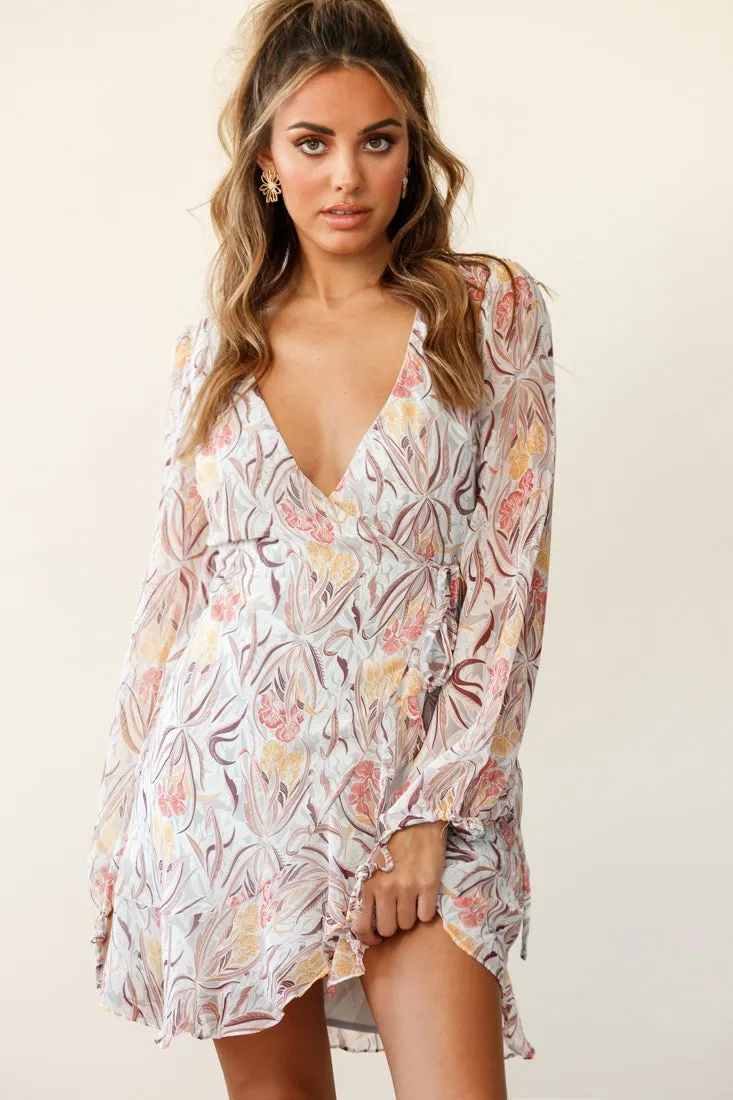 Hartley Balloon Sleeve Wrap Dress Floral Print Grey