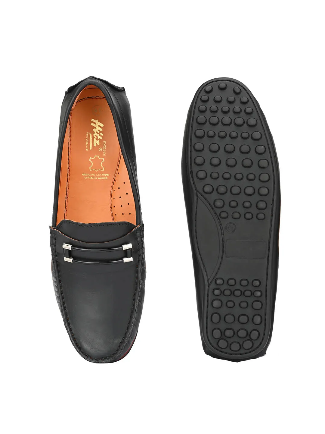 Hitz Men's Black Leather Slip-On Loafers Shoes