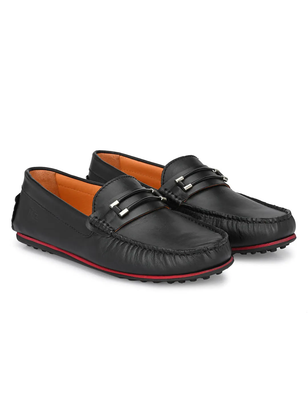 Hitz Men's Black Leather Slip-On Loafers Shoes