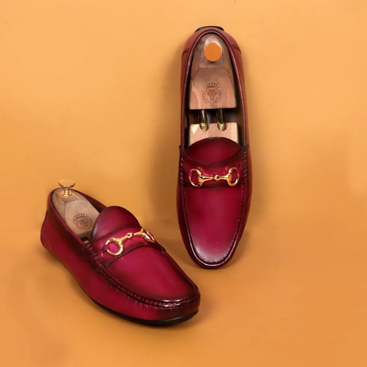 Horse-bit Driving Loafers Shoe in Pink Leather